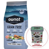 Натурална суха храна Ownat Grain Free Prime SENIOR CHICKEN & TURKEY - БЕЗ зърнени култури за възрастни кучета над 7-8 години с 65% качествено месо, пуйка и пиле 12кг + подарък контейнер